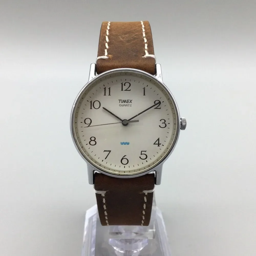 Vintage Timex Watch Men 33mm 1992 Silver Tone Brown Leather Band New Battery - Picture 2 of 15